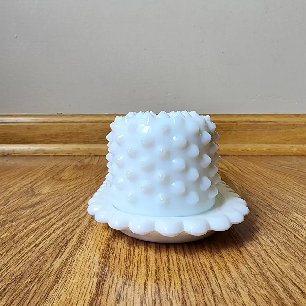 MCM Fenton Hobnail Milk Glass Covered Butter Dish White Mid Century Modern EUC
